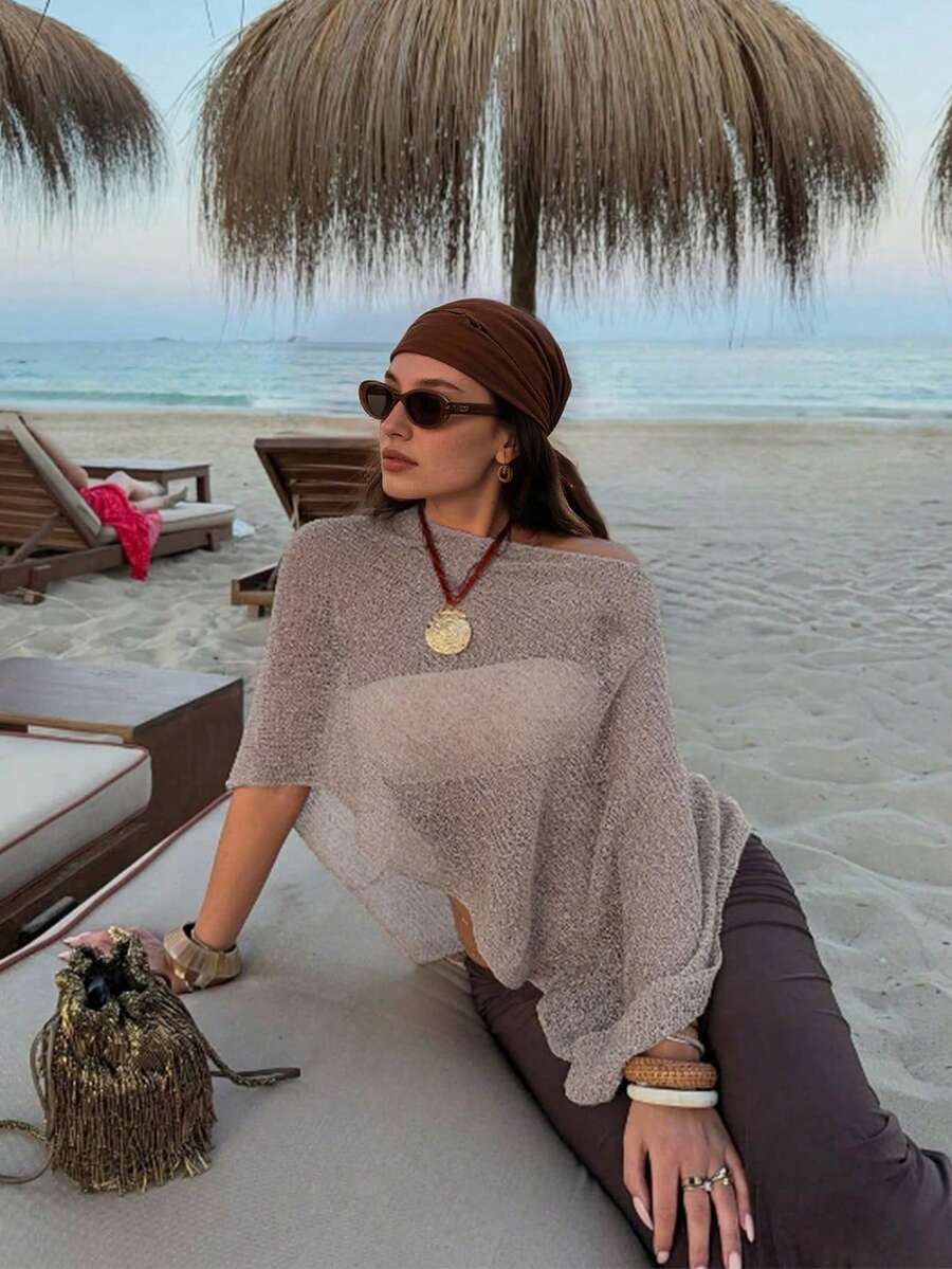 女款 Y2K 風格駱駝色不對稱單肩寬鬆罩衫，舒適質感，波希米亞性感海灘度假夏季風