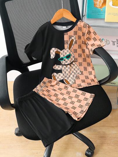 2pcs/Set Young Boy Cartoon Rabbit Print Short Sleeve Round Neck T-Shirt And Shorts Set, Suitable For Toddler Boys' Casual Outfits In Spring/Summer