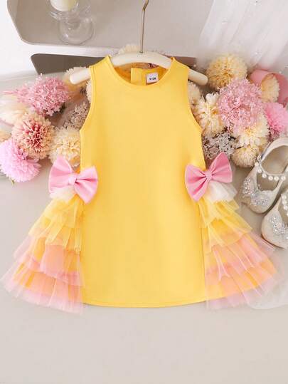 Baby Girls' Vacation Sleeveless Dress With Bow Tie And Mesh Decor, Summer