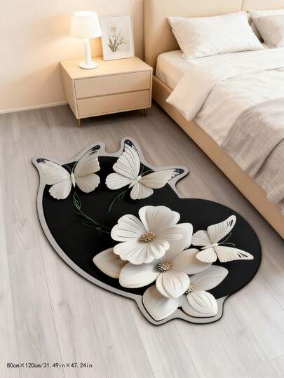 1 قطعة بساط أمام الباب بتصميم الفراشة والزهور، مستوحى من أنماط الفراشات والزهور ثلاثية الأبعاد، يكسر الشكل الجامد للسجاد التقليدي، مزيج لوني كلاسيكي أسود وأبيض، يندمج بشكل مثالي مع غرفة النوم الكريمية والحد الأدنى الحديث، مواد صديقة للبشرة ومقاومة للبلى، سهلة التنظيف والصيانة. بساط أمام الباب، سجادة صغيرة، بساط ترحيب، سجادة، بساط خارجي، سجادة مطبخ، ديكور المنزل
