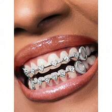 Spring Accessories, Bunny & Egg Gifts, Easter 2Pcs/Set Hip-Hop Hollow Out Heart Grillz With CZ Diamonds, Gold Double Tooth Cap Set For Men And Women, Daily Cool Streetwear Fashion, Perfect For Parties, Concerts, Music Videos And Photoshoots, High-Shine Smooth Gold Finish,  Easy Fit - 銀 - 查看 3