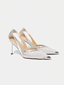 Giày sandal cao gót dệt thủ công sang trọng, thiết kế độc đáo, giày mùa hè mũi nhọn đa năng thời trang dành cho nữ, bộ sưu tập mới năm 2025. - Bạc - Xem 3