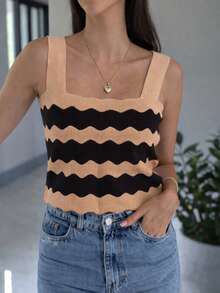 TOP SQUARE WAVES SUMMER KNIT MODAL NEW COLLECTION - 撒哈拉米色配黑色 - 查看 2