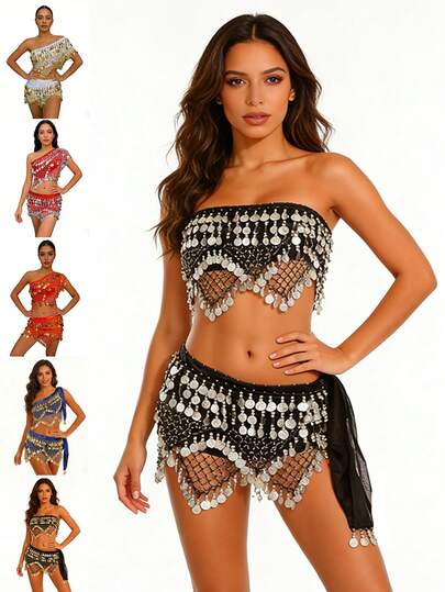 Belly Dance Coin-Decorated Hip Towel Two Pieces Set. Suitable For Stage Performances, Festival Parties, Folk Dance Practice, Belly Dance Classes, And Themed Carnival Events.