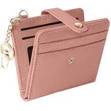 新款热销女士超薄钱包，对折PU皮革卡包，带钥匙链和拉链袋 - 黑色 - 查看 7