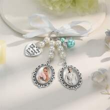 1pc Pearl Bouquet Pendant, Bridal Memorial Bouquet Pendant, Customizable Photo Pendant. Add Your Favorite Photo. Oval Memorial Keepsake With Ribbon. Wedding Flower Bride Creative - White - View 8