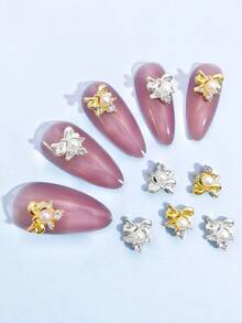 10pcs Gold & Silver Faux Pearl Bow Rhinestone Nail Art Decorations, 3D Metal Crystal Glass Nail Jewelry DIY Accessories For Women Nails Nail Supplies - Multicolor - View 2
