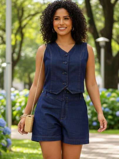 Conjunto Jeans Feminino Colete e Shorts Cintura Alta Moda Verão Casual Com Botões Forrados