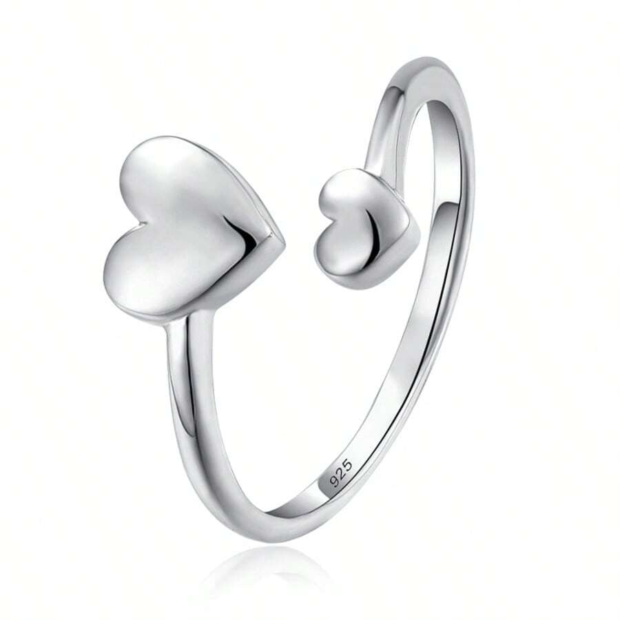 Anillo abierto con forma de corazón de plata de ley 925, delicado y único, adecuado para uso diario, fiestas, San Valentín, regalo de cumpleaños para seres queridos, viene en caja de regalo - Plateado - Ver 1