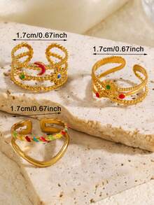 3pcs 18K Gold Plated Stainless Steel Vintage Geometric Line Star Moon Sun Ring Set, Elegant & Fashionable, Suitable For Women Daily, Festival, Friends Gathering, Couple Dating, Holiday Wear - Multicolor - View 5
