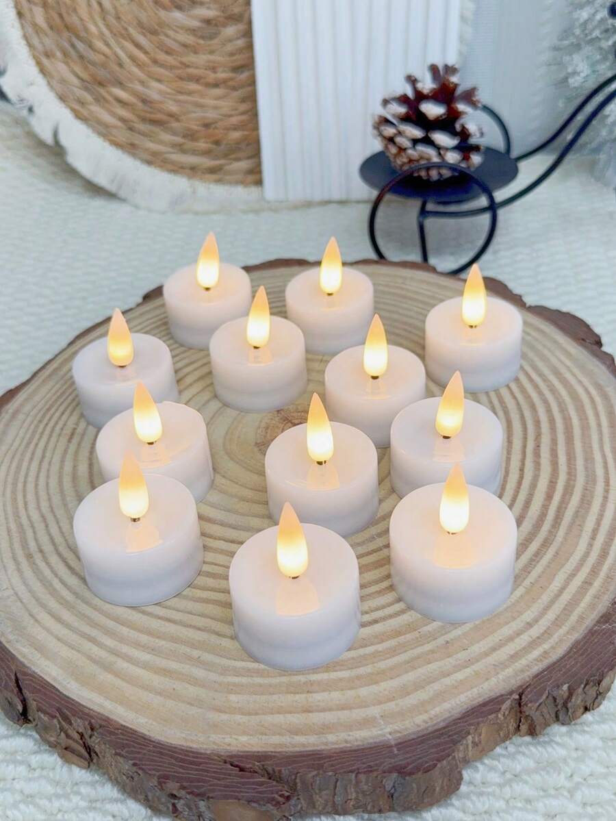 12 piezas de velas sin llama ni humo, velas LED con pilas tipo té con cera real y efecto parpadeante color marfil, con control remoto y temporizador, adecuadas para bodas, mesas de comedor, regalos, uso en exteriores - Blanco - Ver 1