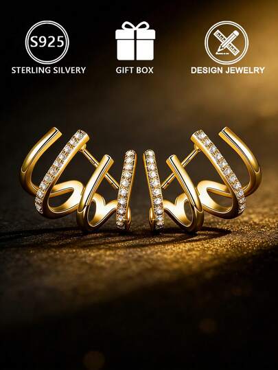 1件S925纯银女士耳环，双色精细钻石流线型设计，礼盒包装，精致女士礼物，适合日常和约会装扮