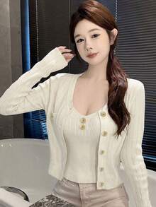 2件套 女士金属扣长袖针织开衫短外套+吊带背心，春夏款 - 杏色 - 查看 5