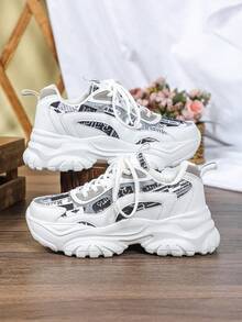 男女通用黑白撞色印花厚底运动鞋，女士休闲运动厚底鞋，情人节礼物，适合户外探险、日常休闲、散步、徒步旅行，四季皆宜 - 白黑迷彩 - 查看 5