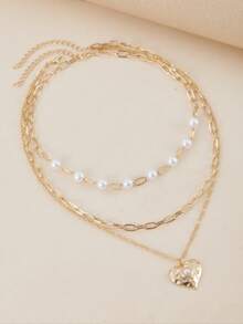 2件套时尚项链，优雅女士爱心吊坠仿珍珠串珠多层项链，派对宴会珠宝配饰 - 項鍊 - 查看 4