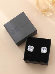 1 Pair Minimalist Cubic Zirconia Square Stud Earrings Gift Box Set, Dual Color Options, Suitable For Men & Women, Couples, Holiday & Birthday Gifts, Daily Wear - Affirmative Side - View 12