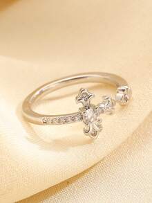 1枚时尚个性化水钻鸢尾花十字开口戒指，适合女性日常及节日佩戴 - 銀色 - 查看 3