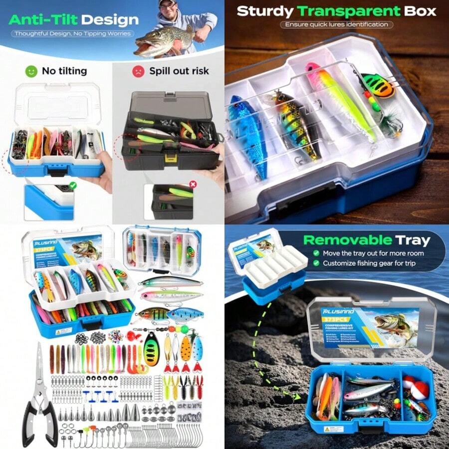 Fishing Lures Kit With Removable Tray 373PCS Fishing Tackle Box With Tackle Included Fishing Gear Pliers Weights Hooks Accessories Fishing Tackle Lure Kit Gifts For Men Bass Trout - 如圖 - 查看 1