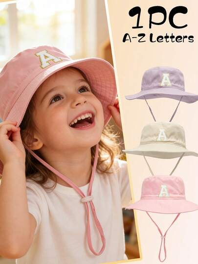 Mũ tai bèo ba màu có dây rút cho bé gái, kèm 26 miếng dán chữ thêu tự dính, dây điều chỉnh độ cao, mũ rộng vành bằng cotton thoáng khí, mũ thường ngày tự trang trí chữ, thích hợp cho các hoạt động ngoài trời mùa xuân/hè.