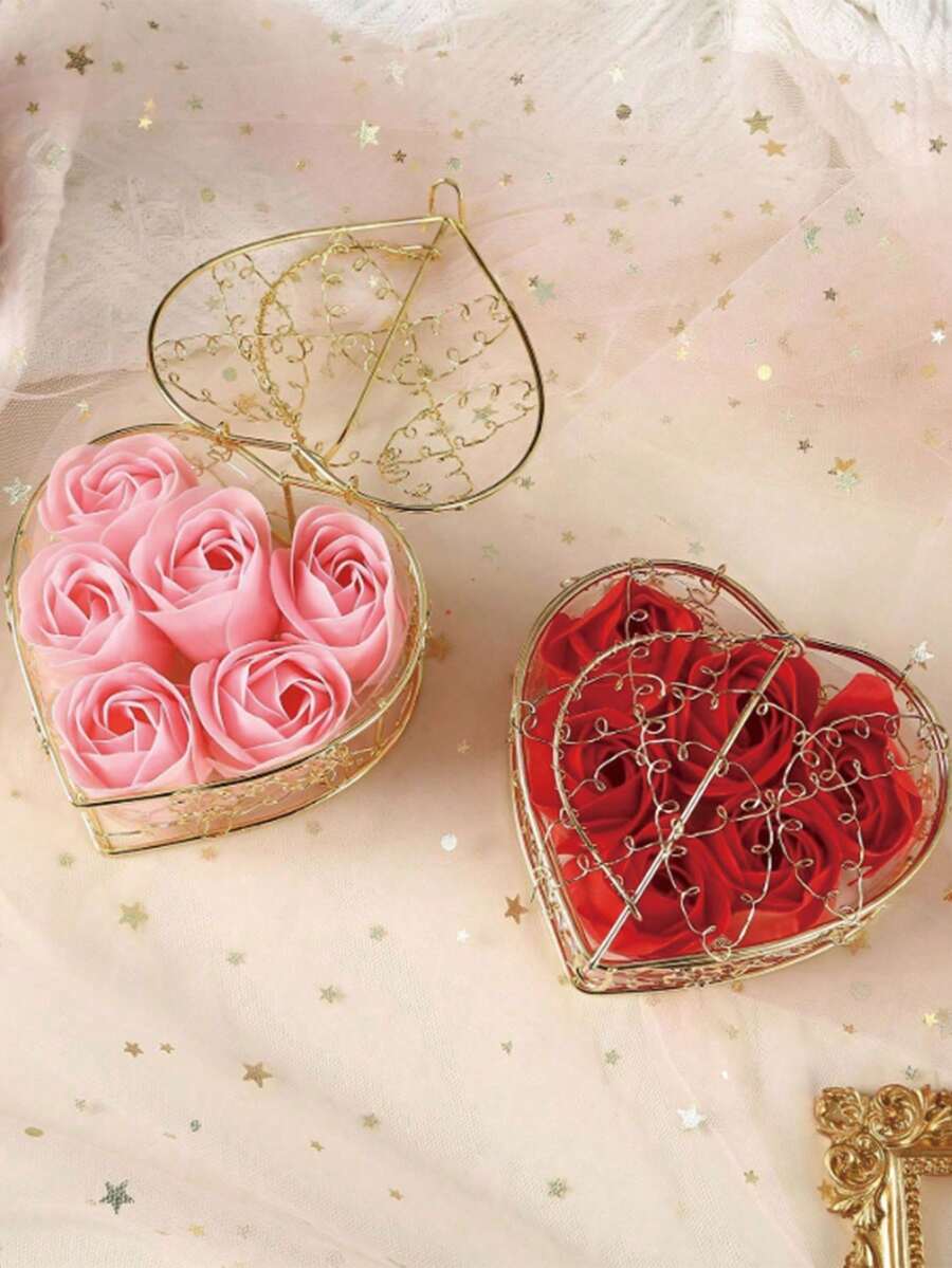 1pc Heart-Shaped Box With Artificial Rose Flowers, Wedding/Housewarming/Birthday Gift - Multicolor - View 1