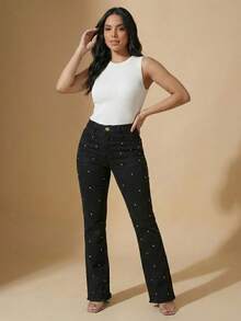pthirillo Women's Black Flare Jeans With High-Waisted Butt-Lifting Effect And Rhinestone Detail. - 水鑽圓點 - 查看 10
