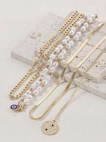 4pcs Fashion Hip Hop Style Round Pendant Pearl Evil Eye Layered Necklace, Suitable For Women's Daily Wear And Holiday Decoration - Gold - View 3