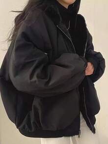 Womens Fleece Lined Jacket Reversible Full Zip Up Hoodie Oversized Warm Winter Coat With Pockets - Black - View 5