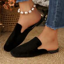 复古平底麂皮穆勒鞋，时尚百搭的无后跟乐福鞋，适合通勤和夏季穿着 - 黑色 - 查看 2