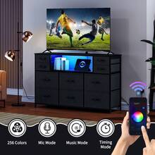 10 cajones de Tela, Soporte de TV con Centro de Entretenimiento con Toma de Corriente y luz LED para TV de 45 a 55 Pulgadas, cómoda con Tapa de Madera y estantes Abiertos para recámara, Sala de Estar - Negro - Ver 4