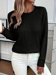 Spring Fall Cable Knit Crew Neck Sweater   Long Sleeve Tops Women  Sweaters For Women   Workout Tops Women - 黑色 - 查看 2