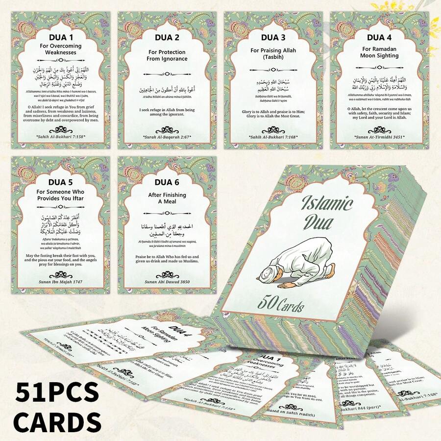 51pcs Islamic Dua Card Set, Ramadan Prayer Cards With Arabic English Translation, Minimal Line Art Floral Design For Ramadan Eid Mubarak Gift, Daily Prayer Reference - متعدد الألوان - مشاهدة 1