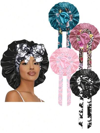 Set de 4 gorros de dormir para mujer - Gorro de satén de unicolor, diseño con cordón elástico estampado, cómodo y transpirable, adecuado para dormir y uso diario, gorro de dormir casual para el cuidado del cabello