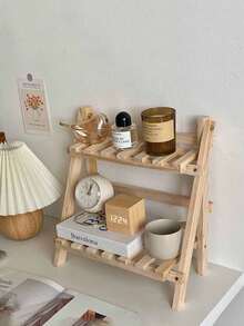 Estantería de escritorio plegable de madera hecha a mano, minimalista y de moda, estantería de exhibición de sobremesa trapezoidal de doble capa con barra transversal, adecuada para mesita de noche, tocador, decoración del hogar, almacenamiento de cocina, estantería de baño y accesorios de escritorio de oficina. Ideal para sala de estudio, dormitorio, dormitorio, como portavasos o para usar en cafetería y cocina. - Multicolor - Ver 2