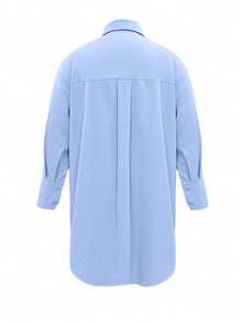 Oversized Loose Fit Long Sleeve Shirt For Women, Casual Blue Blouse With Front Short Back Long Design, Spring/Summer - Blue - View 6