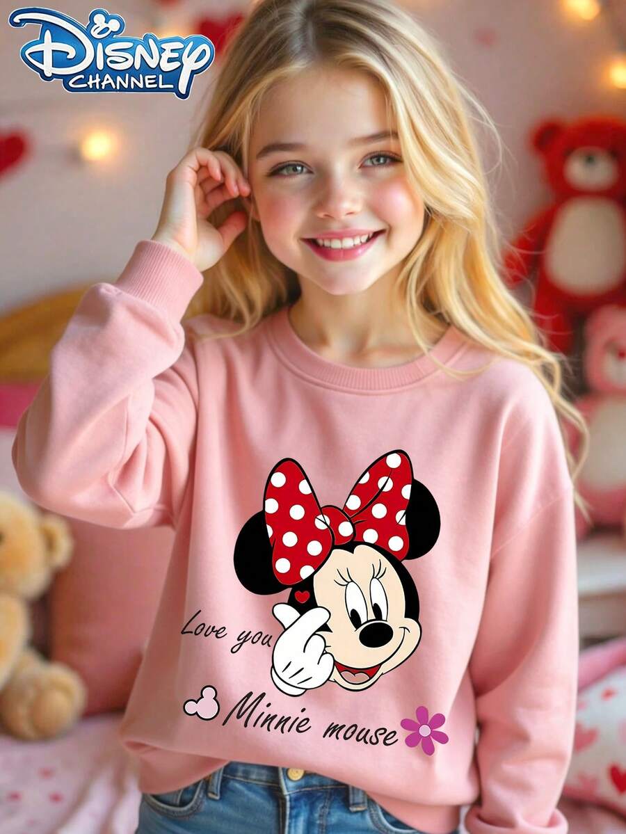 Officially Authorized By Disney, "Disney Minnie Mouse" Pattern, Girls' Round-Neck Hoodie, Comfortable Material, Bright Color, Suitable For Autumn And Winter, Outdoor Sports - 粉色 - 查看 1