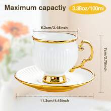 Porcelain Coffee Cups And Saucers Set Of 6 | 3.38oz Ceramic Cups For Cappuccino, Latte, Mocha, Tea - A - View 2