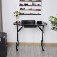 Folding Manicure Table With Lockable Wheels And Bag - 17.5" X 37" Black Tabletop, Iron Plastic MDF, Portable Carrying Bag, Easy Assembly For Mobile Beauticians - 黑色 - 查看 3