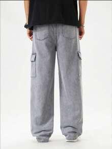 男士时尚休闲日常通勤街头翻盖口袋宽松牛仔裤 - 淺灰色 - 查看 2