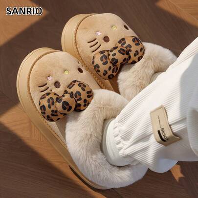  SANRIO Hello Kitty Women's Cute Plush Thick-Soled Slipper Boots, Soft & Adorable Indoor/Outdoor Cat Low-Top Faux Fur Lined Slip-On Snow Boots With EVA Sole
