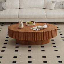 Modern Wood Round Coffee Table - Handcraft Fluted Coffee Tables With Sturdy Base, Easy Assembly, Contemporary Style Circle Coffee Table Small Tea Table For Living Room, Apartment, Office (White Thick) - Natural Oval - View 5