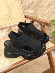 女士魔术贴厚底坡跟凉鞋，套脚休闲舒适露趾高跟鞋，夏季新款 - 黑色 - 查看 6