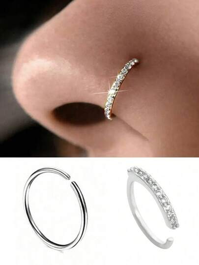 2 piezas Anillos de nariz de moda para mujeres, anillos de nariz falsos con zirconia incrustada en oro/plata, diseño sin perforación, anillos de nariz de estilo punk/hip-hop con zirconia, adecuados para atuendos de fiesta