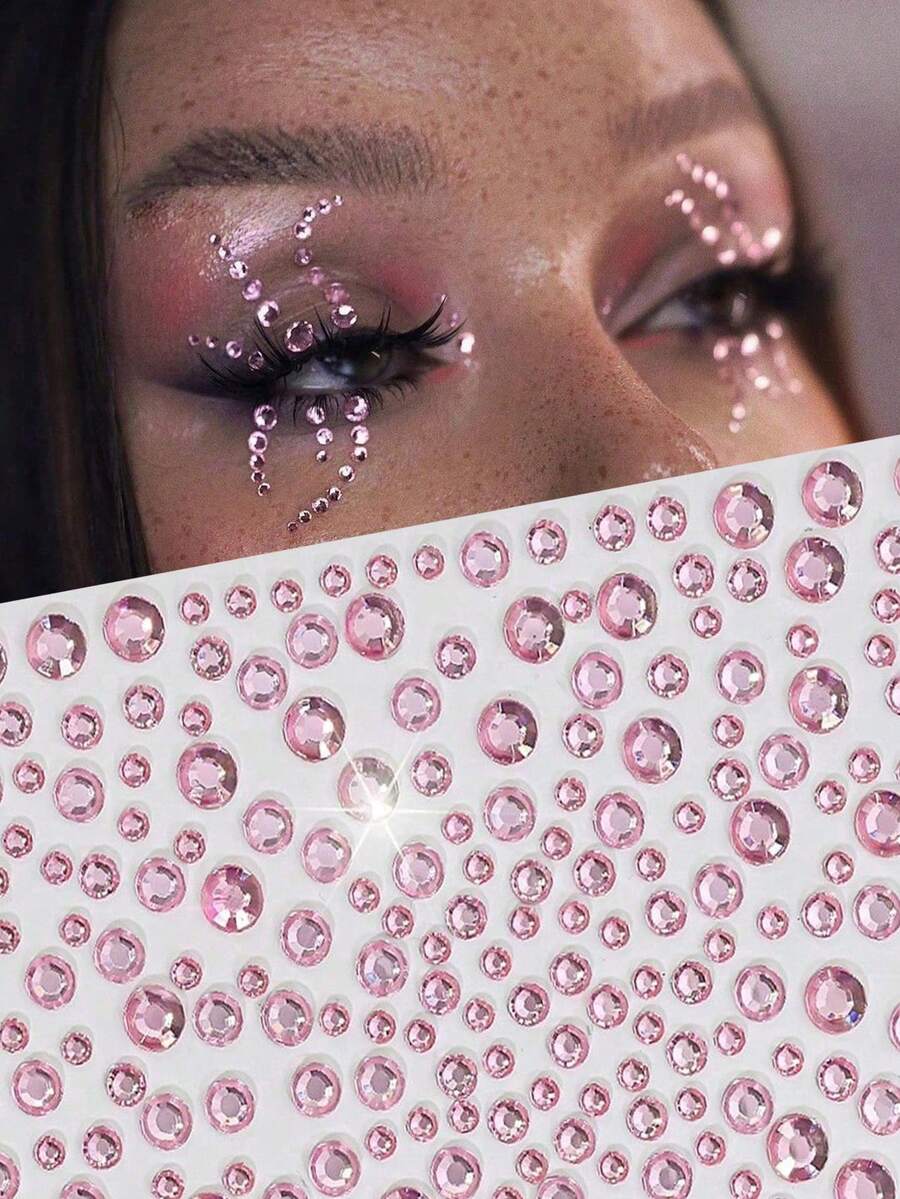 2pcs Pink Rhinestone Glitter Face Gems Body Shimmer 3D Jewel Stickers Party Makeup Accessories, Rhinestone Stickers For Y2K Style Music Festival DIY Eye Face Jewelry,Concert Look - Pink - View 1
