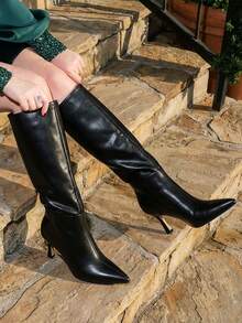 2024 Fashion Knee High Boots For Women Kitten Heel Boots Suede Pointed Toe Pull On Low Heel Tall Boots - 黑色 - 查看 3