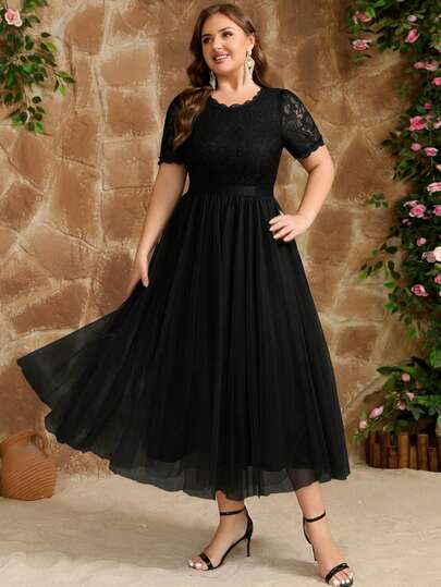 Women Plus Size Elegant Solid Color Mesh Lace & Sequin Patchwork Asymmetric/Irregular Fashion Cocktail Party Dress For Wedding Guest, Semi-Formal, Graduation, Formal Evening, Spring/Summer/Autumn
