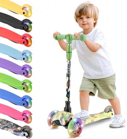 Monopatin Scooter para Niños de 2 a 5 Años, 3 Ruedas con Luces LED, Mini Kickboard con Freno, Manillar Ajustable de 63 cm a 71 cm, Antideslizante, Patin del Diablo