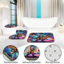 1pc/3pcs/4pcs Magical Starry Sky Cat & Tyrannosaurus Rex Bathroom Decor Shower Curtain Set, Free 12 Hooks Included, High-End Holiday Atmosphere, Bathroom Mat, U-Shaped Toilet Mat And Round Toilet Mat, Suitable For All Scenarios Bathroom Set - Multicolor - View 9