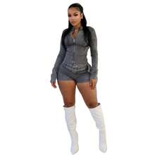 Women's Two-Piece Set, Fashionable And Elegant Temperament, Sexy Spice Girl Style, Long-Sleeved Crew Neck Zipper Denim Top, Elastic Shorts, Denim Suit. - 深灰色 - 查看 11