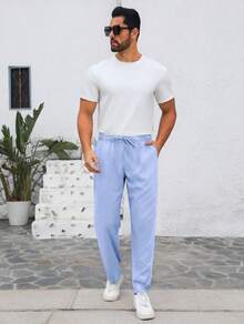 Men's Casual Loose Fit Linen Trousers, Elastic Waist Drawstring Lightweight Pants For Summer Beach & Yoga Wear - 天藍色 - 查看 6