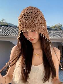 1pc Women's Handmade Crochet Hollow Out Beanie Hat, Lightweight Knitted Tassel Decor Cap, Fashion Headwear For Summer Sun Protection, Bohemian Style For Mothers And Daughters, Random Color Shipped (Slightly Oversized, Minor Color Difference From Actual Item) - Multicolor - View 6